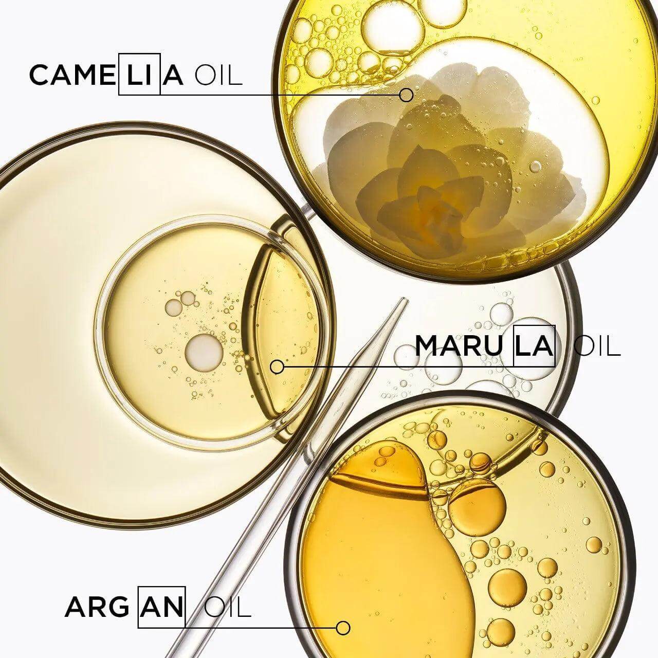 Kerastase Masque Elixir Ultime ingredients: camellia, marula, and argan oil in petri dishes, highlighting nourishing properties.