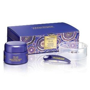 75-15 Gel-like Mask packaging with jar, spatula, and box for face and eyes care, transforms from powder to jelly.
