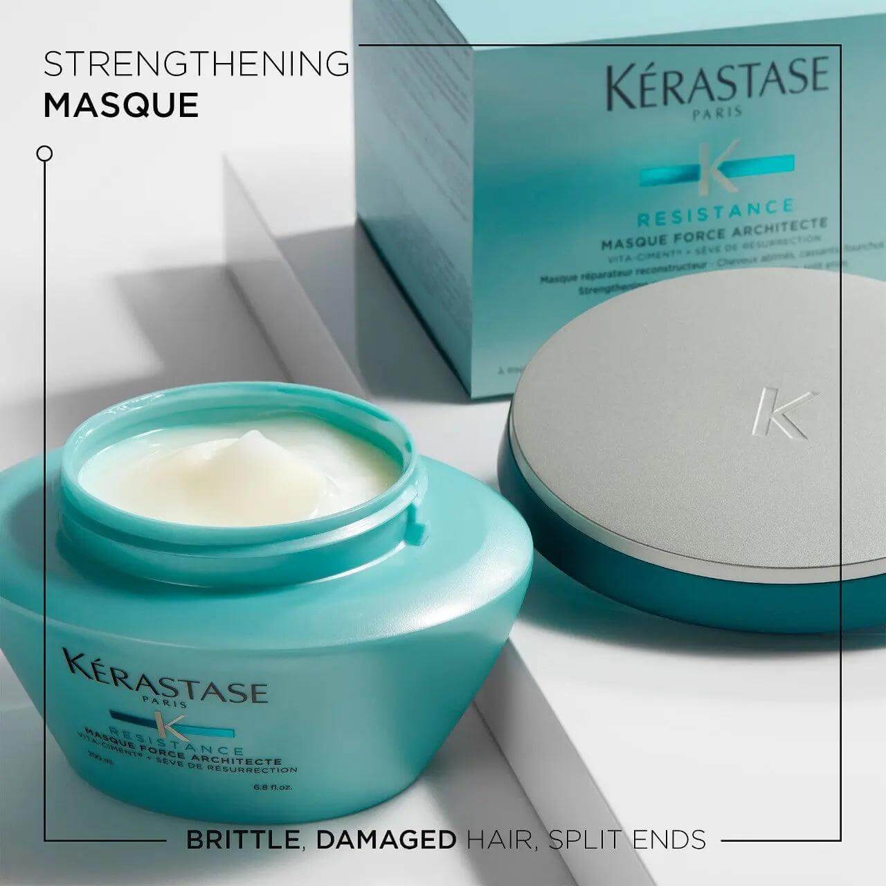 Kerastase Masque Force Architecte Hair Mask for restoring damaged hair, suitable for fine to thick textures, combats breakage.