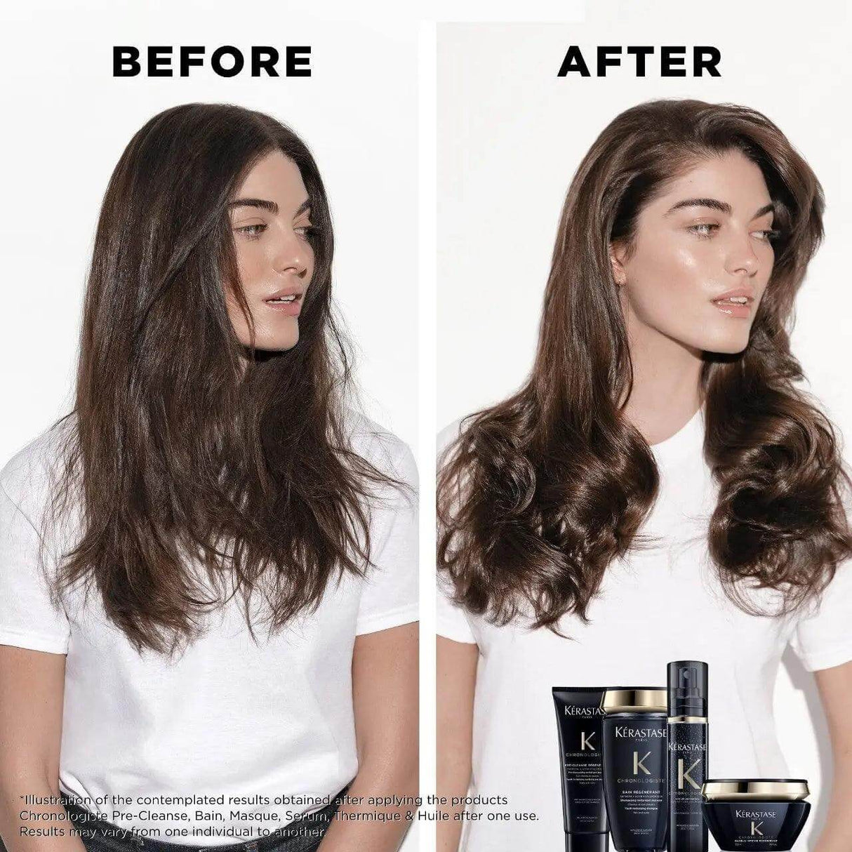 Before and after results using Kérastase Masque Intense Régénérant for nourishing dry, damaged hair.