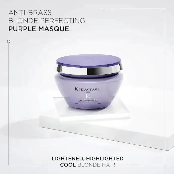 Kérastase Masque Ultra-Violet Hair Mask for neutralizing brassy tones and enhancing cool blonde and grey shades, suitable for all textures.