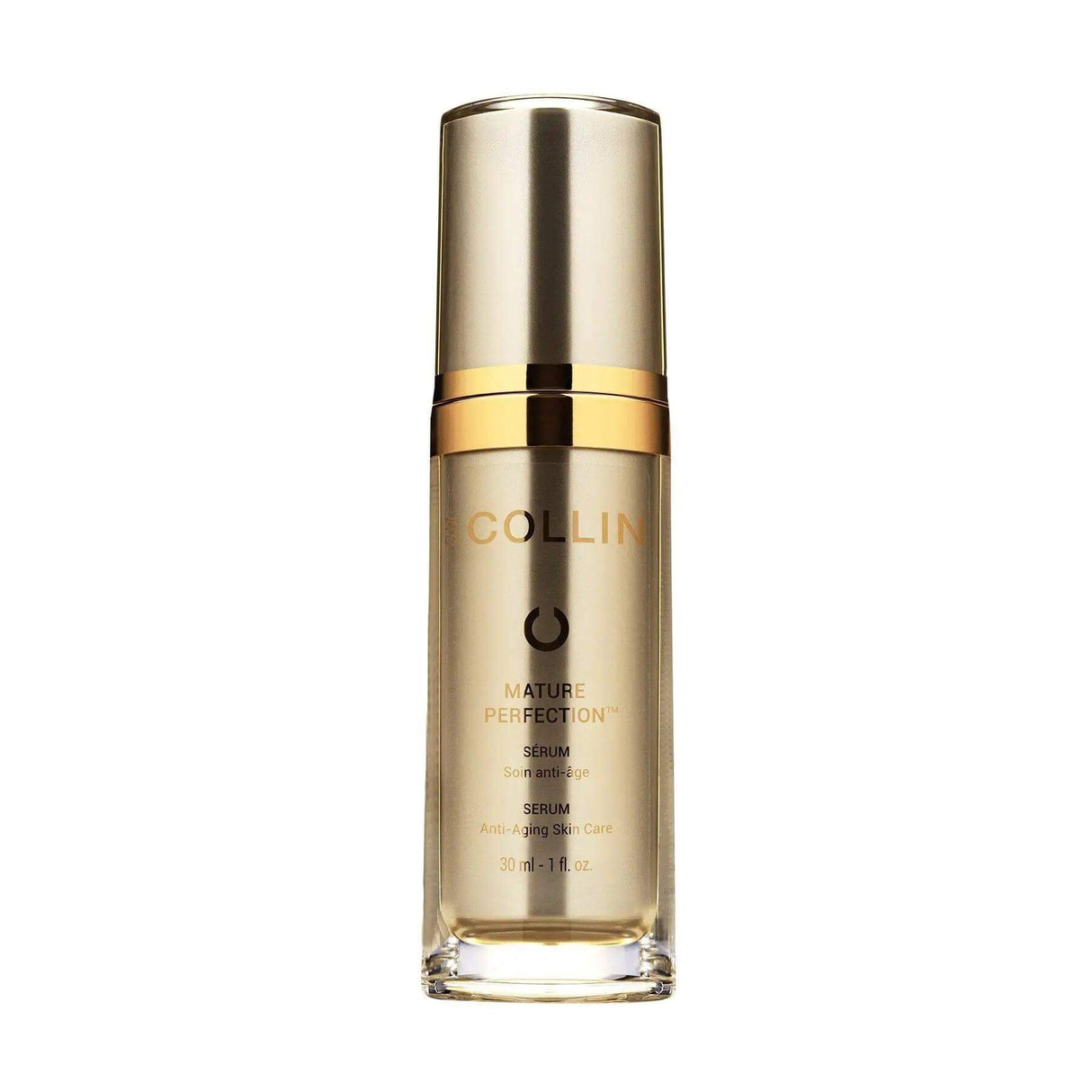 Mature Perfection Serum bottle, advanced formula for enhancing skin tone and firmness using natural ingredients, 30ml size.