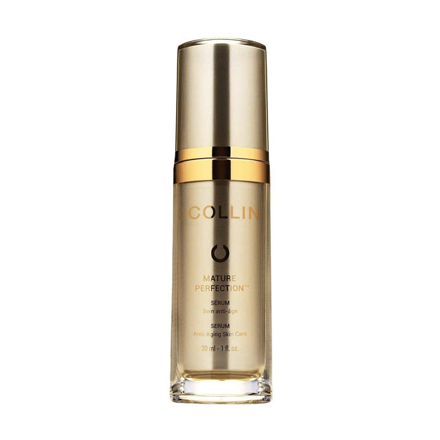 Mature Perfection Serum bottle, advanced formula for enhancing skin tone and firmness using natural ingredients, 30ml size.
