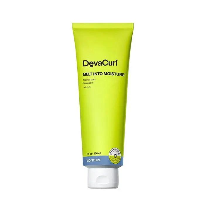 DevaCurl Melt Into Moisture Treatment Mask for curly hair in green tube, 8 oz, for frizz control and moisture enhancement.