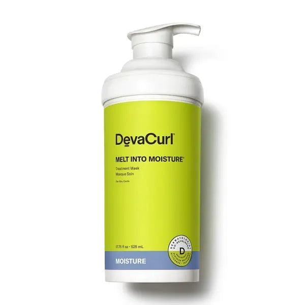 DevaCurl Melt Into Moisture Treatment Mask bottle for curly hair conditioning and frizz control, 17.75 oz, green label.