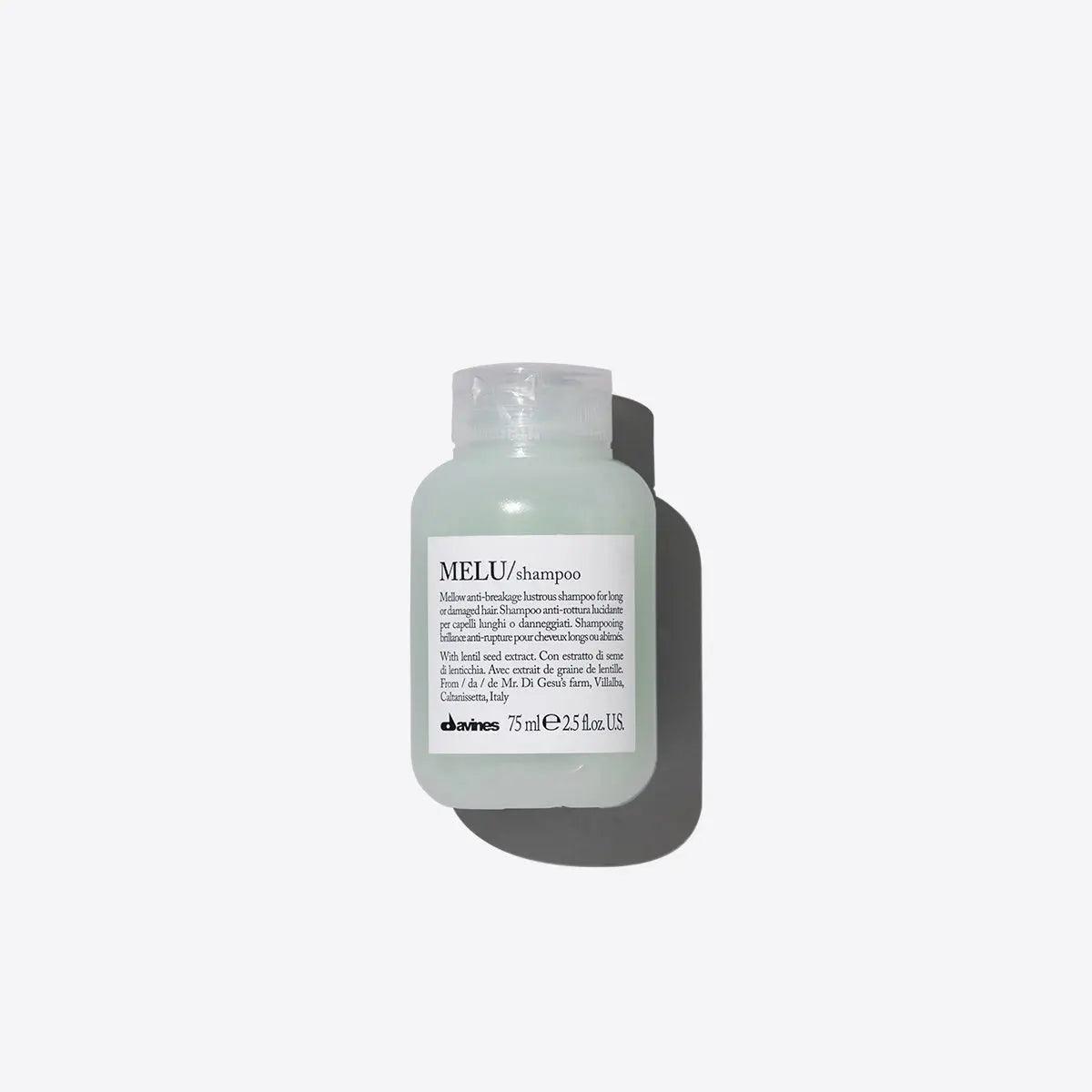 Melu Shampoo bottle on white background, designed to enhance shine and prevent breakage for long or damaged hair.