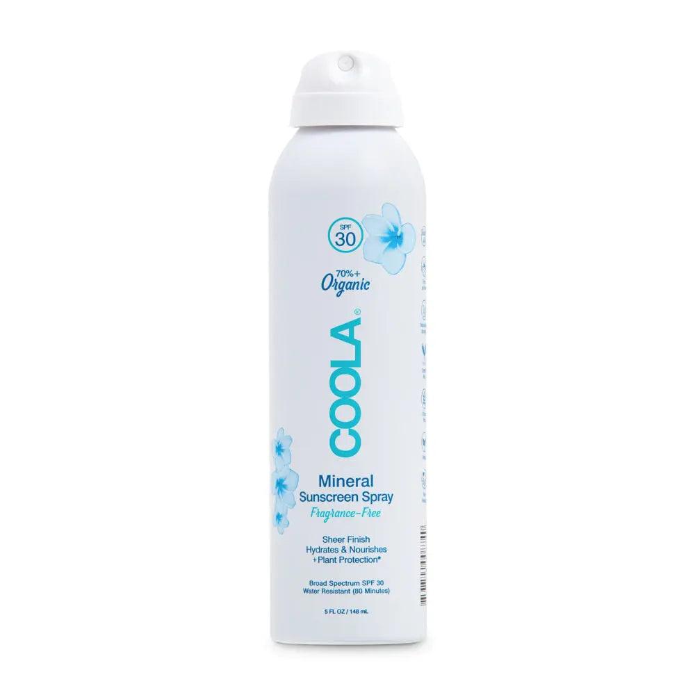 Organic Mineral Body Sunscreen Spray SPF 30, fragrance-free with non-nano zinc oxide for hydrating sun protection.