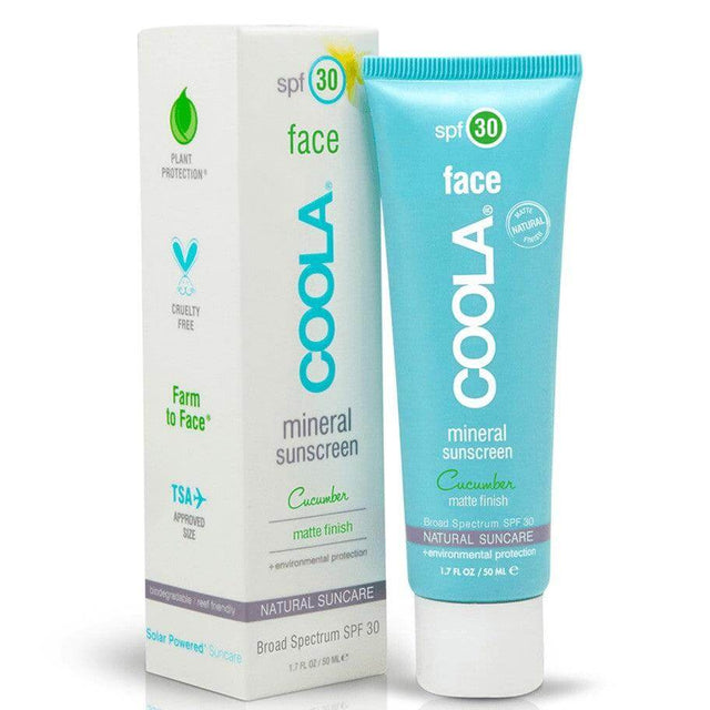 Coola Mineral Face SPF 30 Matte Cucumber Sunscreen with box, antioxidant-rich broad-spectrum protection, 50 ml tube.