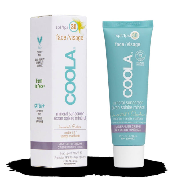 Coola Mineral Face SPF 30 Matte Tint tube and packaging, cruelty-free and Farm to Face certified sunscreen with Vitamin C and Omega-3.