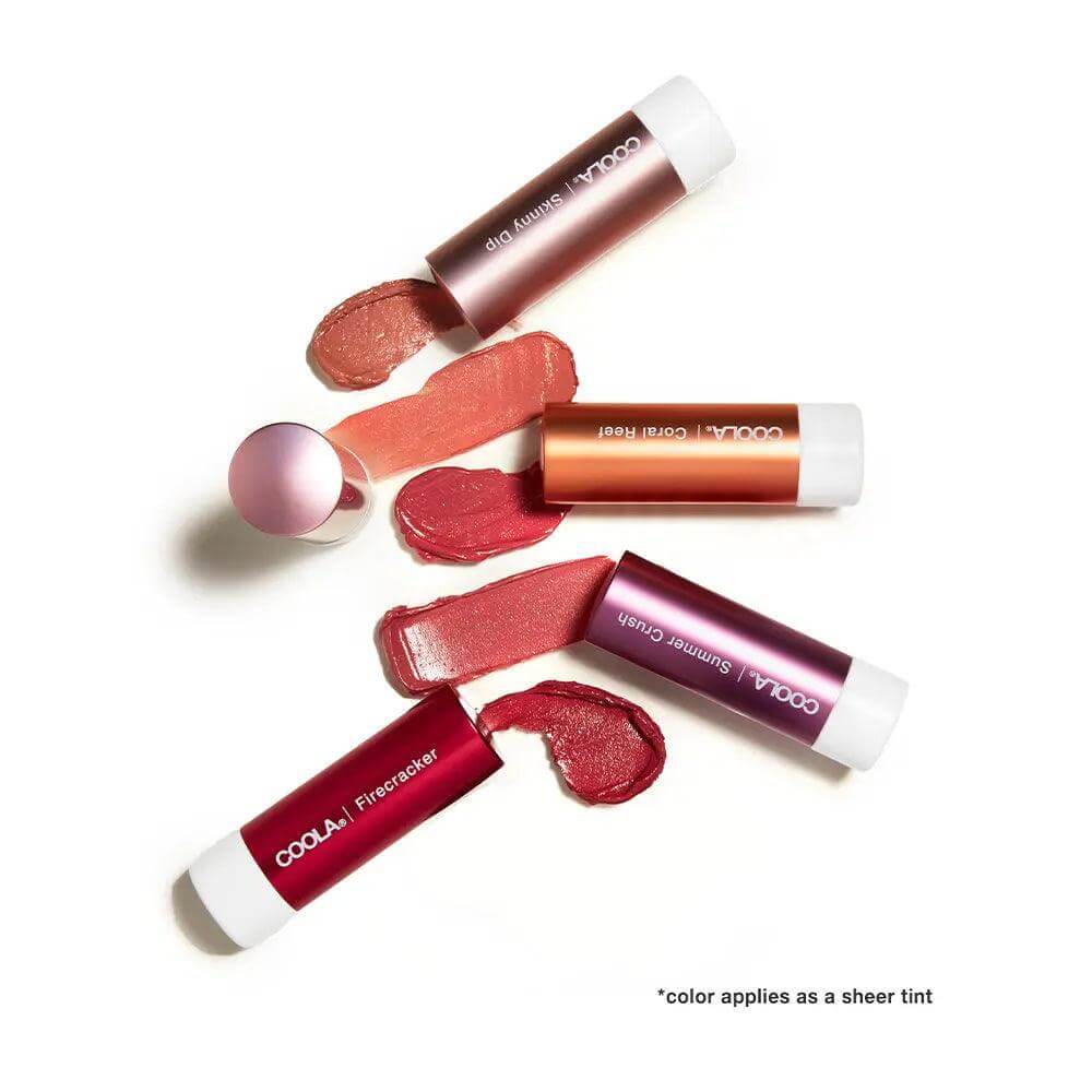 Assorted shades of Mineral Liplux Organic Tinted Lip Balm Sunscreen SPF 30, featuring nourishing ingredients and natural-looking tints.