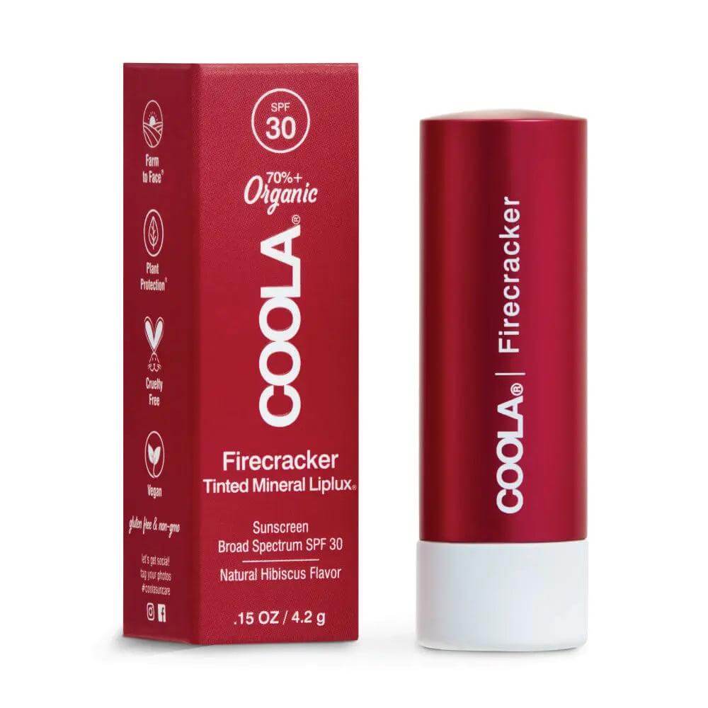COOLA Firecracker Tinted Mineral Liplux SPF 30 Lip Balm with organic ingredients, offering sun protection and a natural hibiscus tint.