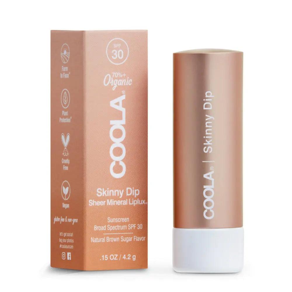 COOLA Skinny Dip Mineral Liplux SPF 30 tinted lip balm with organic ingredients and natural brown sugar flavor.