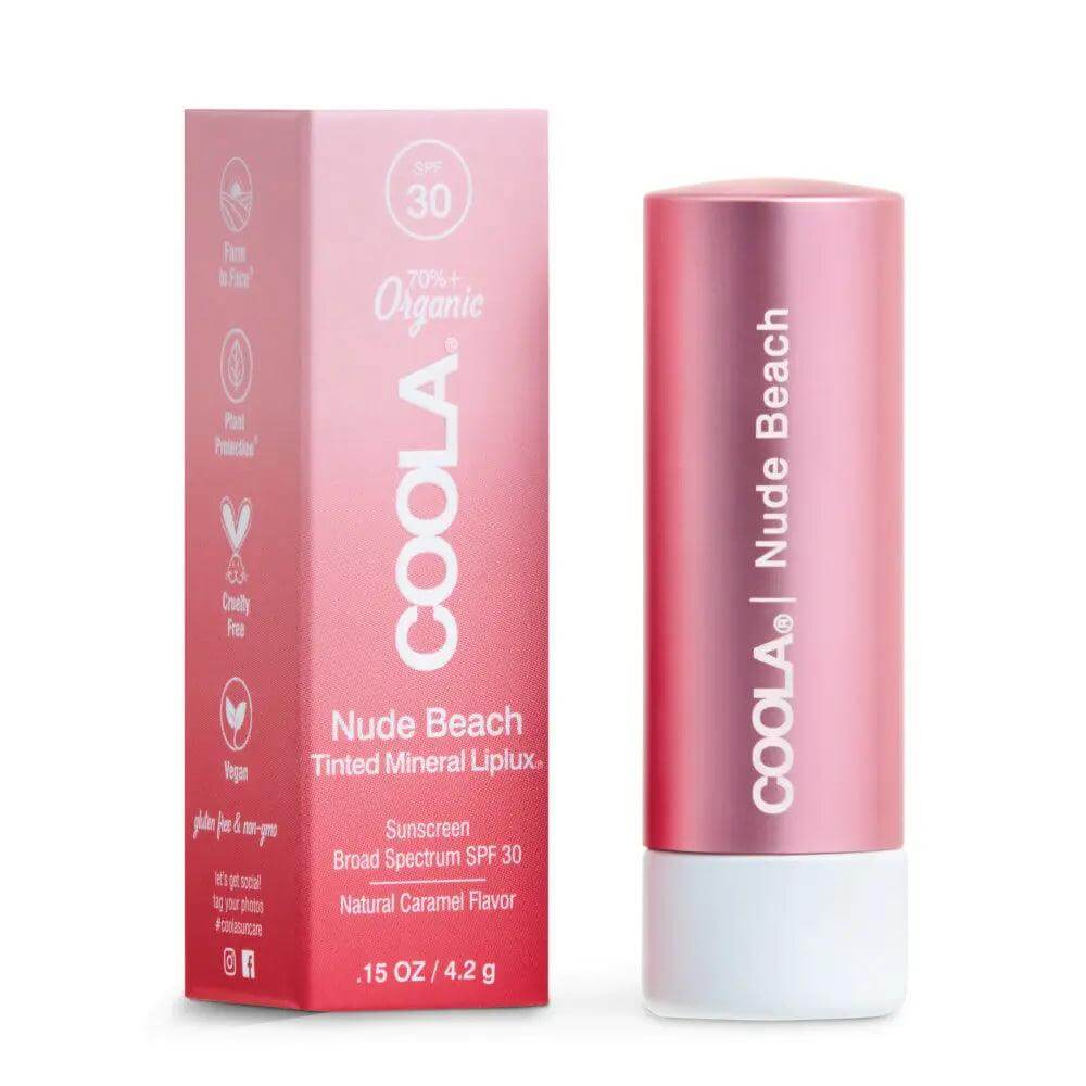 COOLA Nude Beach Mineral Liplux Organic Tinted Lip Balm Sunscreen SPF 30 with packaging, broad spectrum protection and vegan formula.
