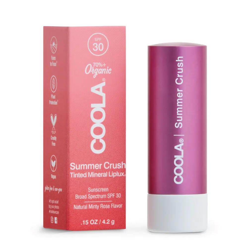 COOLA Summer Crush Mineral Liplux SPF 30 Tinted Lip Balm with packaging standing beside. Organic sunscreen lip protection.