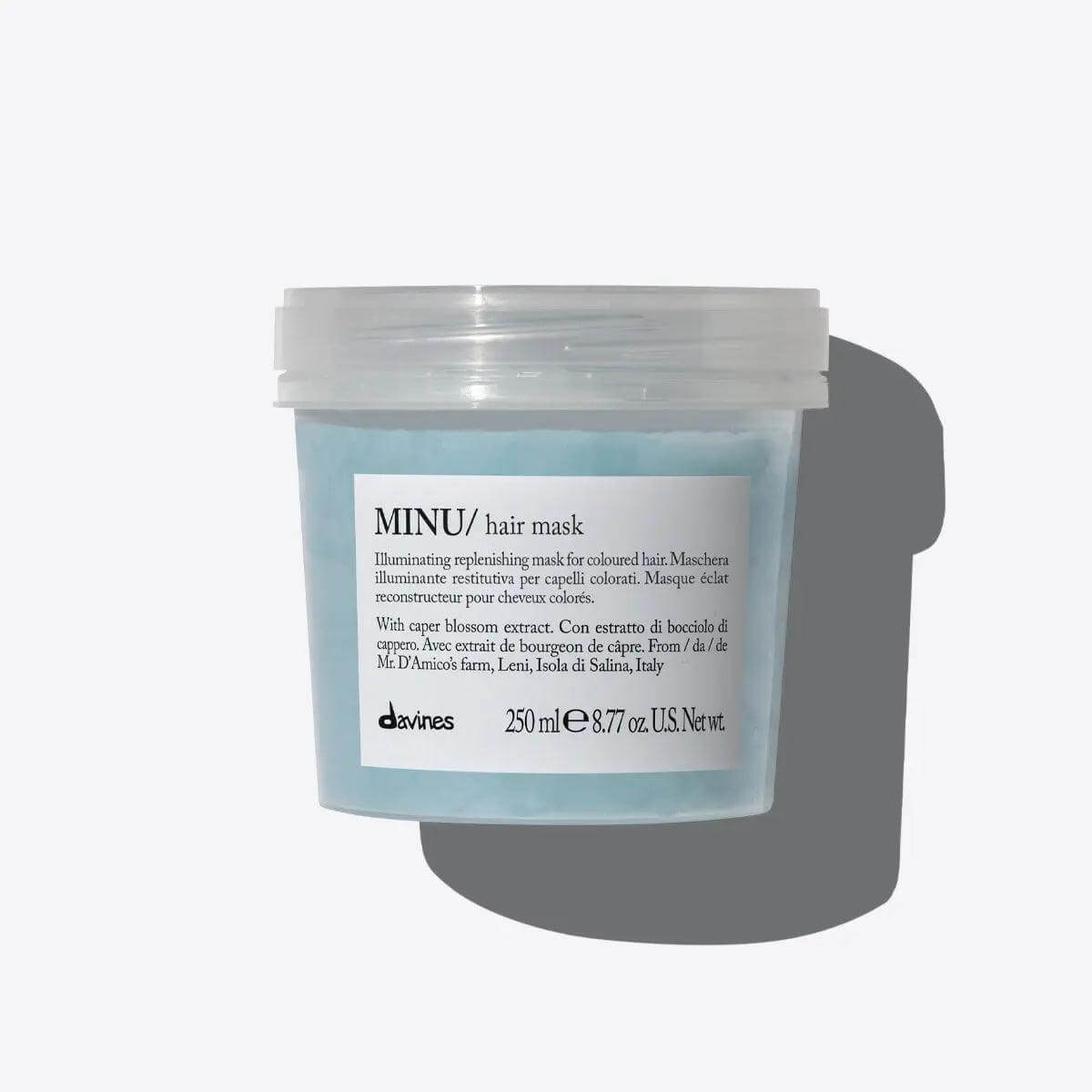 Minu Hair Mask container for revitalizing and restoring colored hair, nourishes and maintains vibrant color without weighing down.