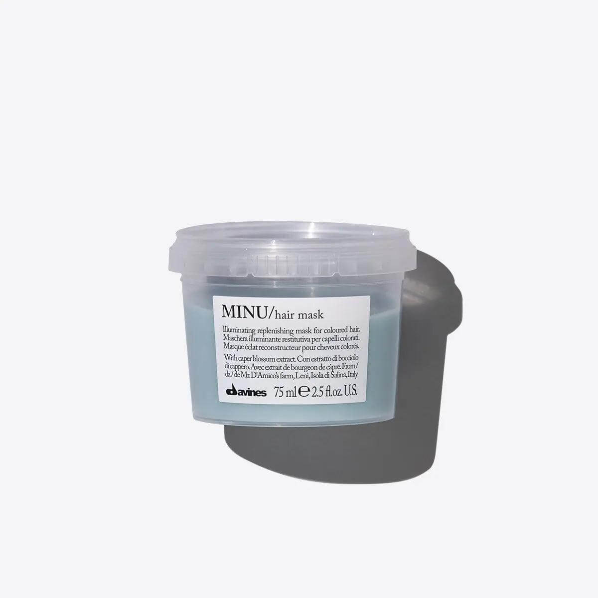 Minu Hair Mask for colored hair, 75 ml jar, revitalizing and nourishing formula prolongs color vibrancy while leaving hair soft and silky.
