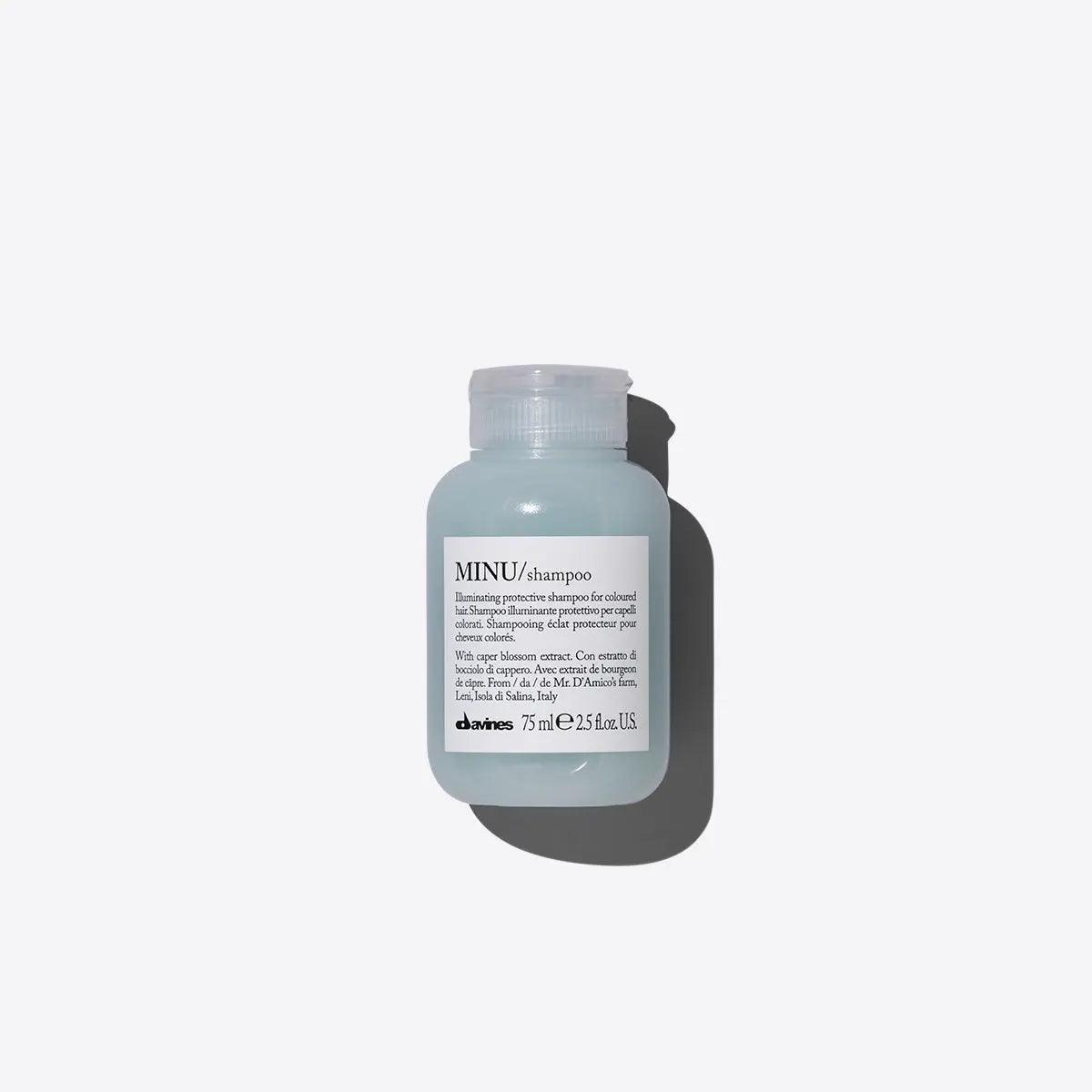 Minu Shampoo bottle for illuminating and protecting colored hair with rich, creamy formula for extended shine.