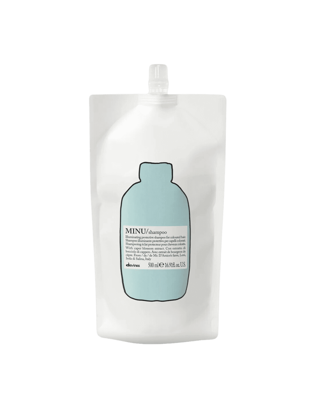 Minu Shampoo Refill pouch for color-treated hair with caper blossom extract, boosts color and nourishes for soft, glossy results.