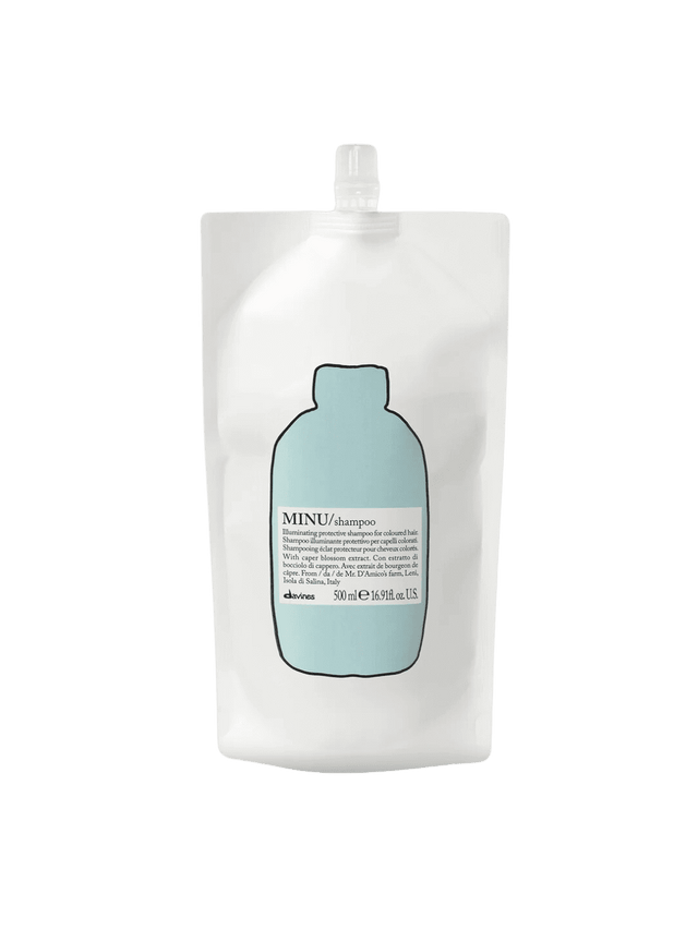 Minu Shampoo Refill pouch for color-treated hair with caper blossom extract, boosts color and nourishes for soft, glossy results.