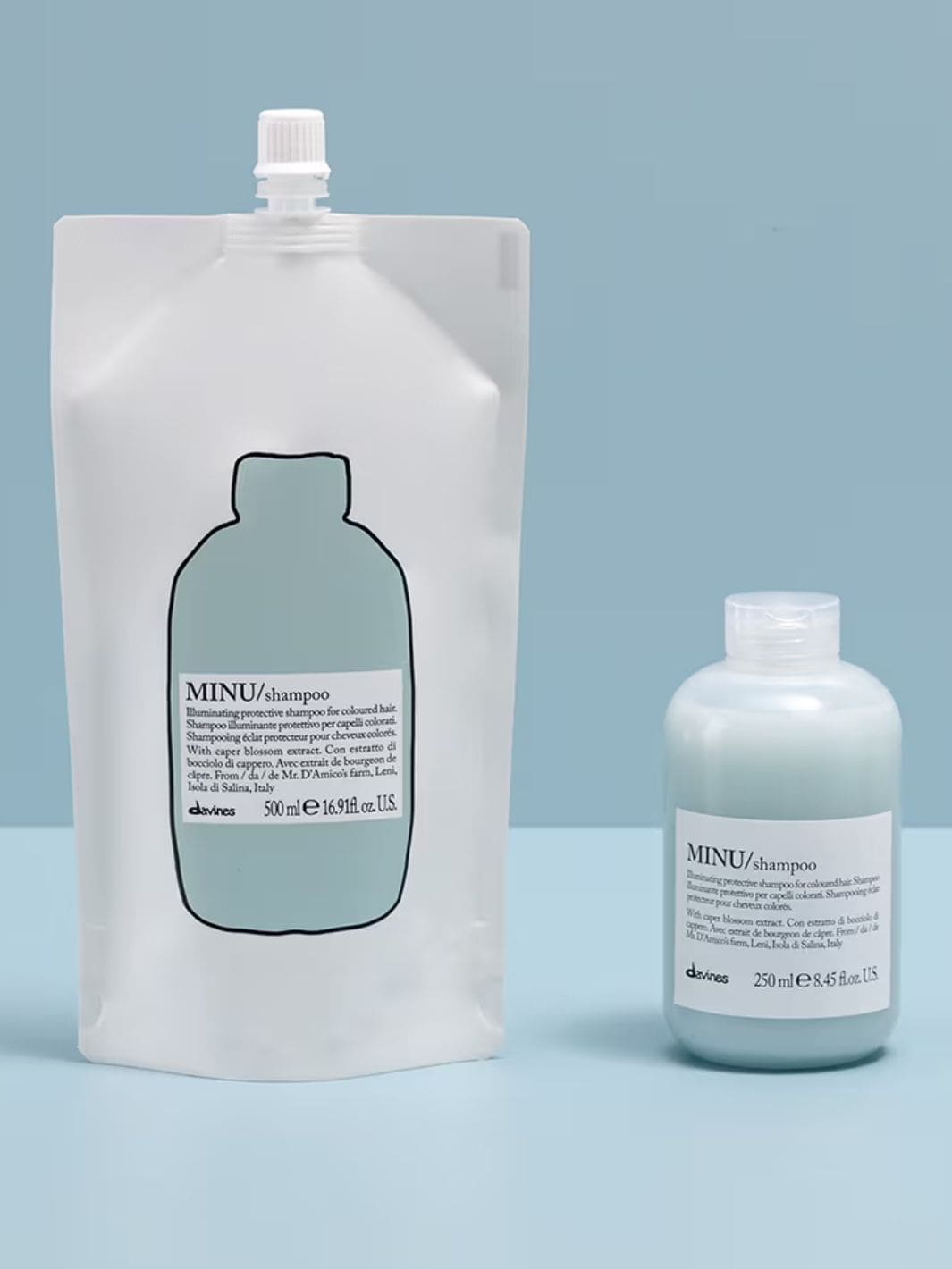 Minu Shampoo Refill with caper blossom extract for color-treated hair, shown in a sustainable bag and bottle format.