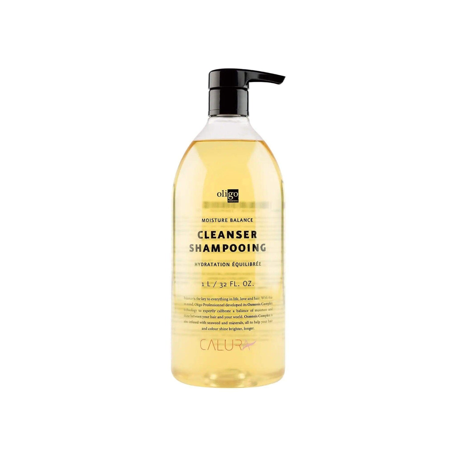 Oligo Moisture Balance Cleanser bottle, vegan and sulfate-free shampoo for enhancing hair color and shine, 32 fl oz.