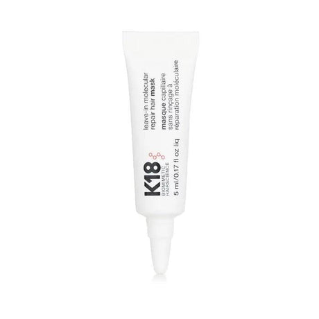 Molecular Repair Leave-in Mask for repairing bleach and heat-damaged hair with K18PEPTIDE™ technology, 5ml tube.