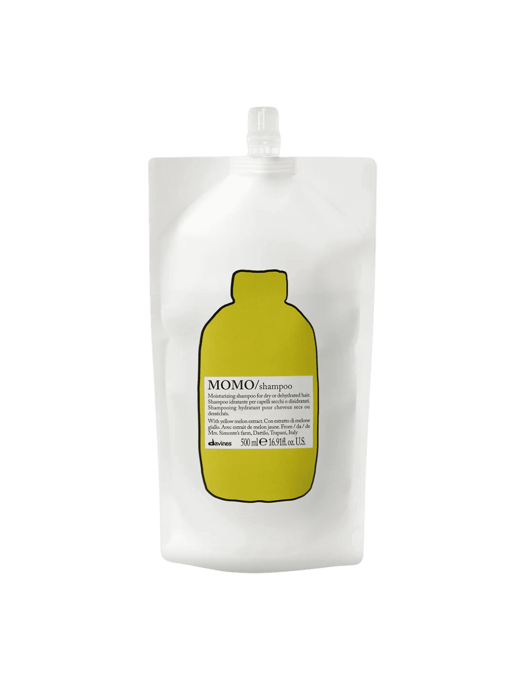 Momo Shampoo Refill with yellow melon extract for dry hair, offering deep hydration and restoring softness in eco-friendly packaging.