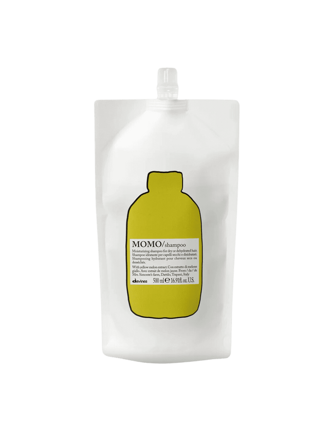 Momo Shampoo Refill with yellow melon extract for dry hair, offering deep hydration and restoring softness in eco-friendly packaging.