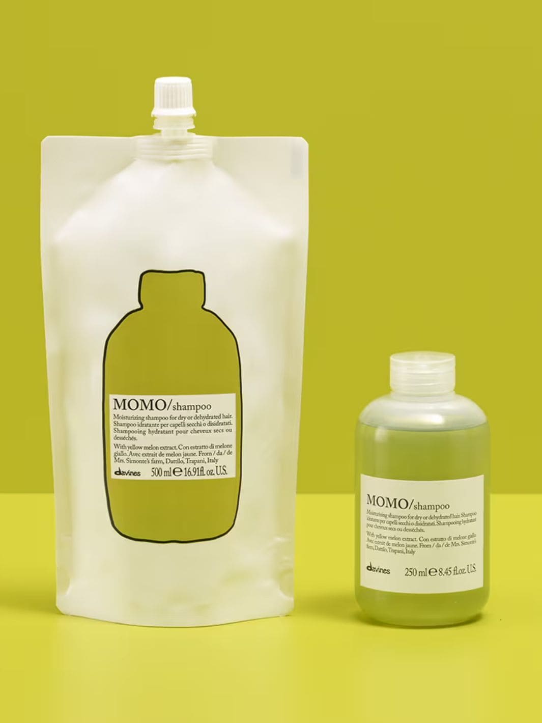 Momo Shampoo Refill pouch and bottle for dry hair, enriched with yellow melon extract, provides hydration, softness, and shine.