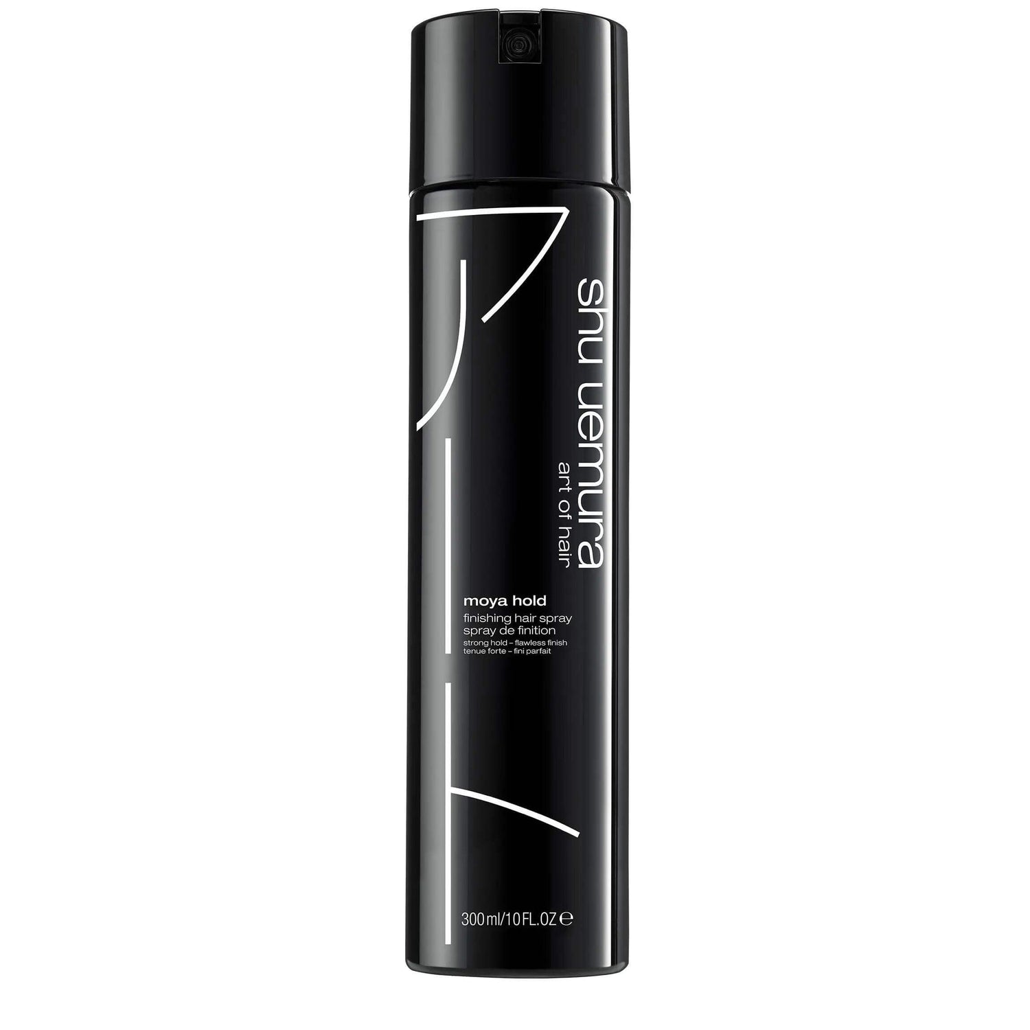 Moya Hold Finishing Hair Spray by Shu Uemura for strong, flexible hold suitable for all hair types and textures.
