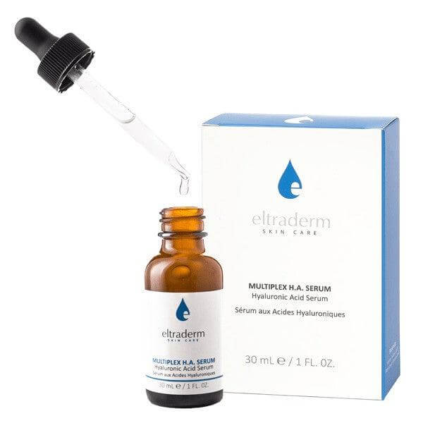 Multiplex H.A Serum with dropper next to packaging, featuring advanced 4D Hyaluronic Acid for deep skin hydration and moisture retention.