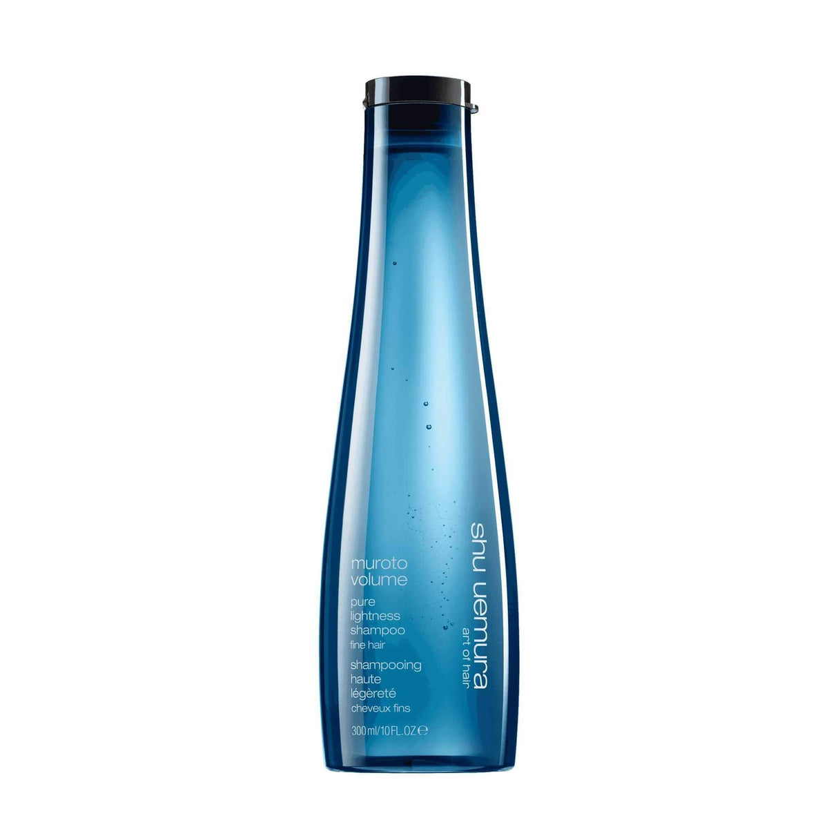 Shu Uemura Muroto Volume Shampoo bottle for fine hair, enhances body and volume, in minimalistic blue packaging.