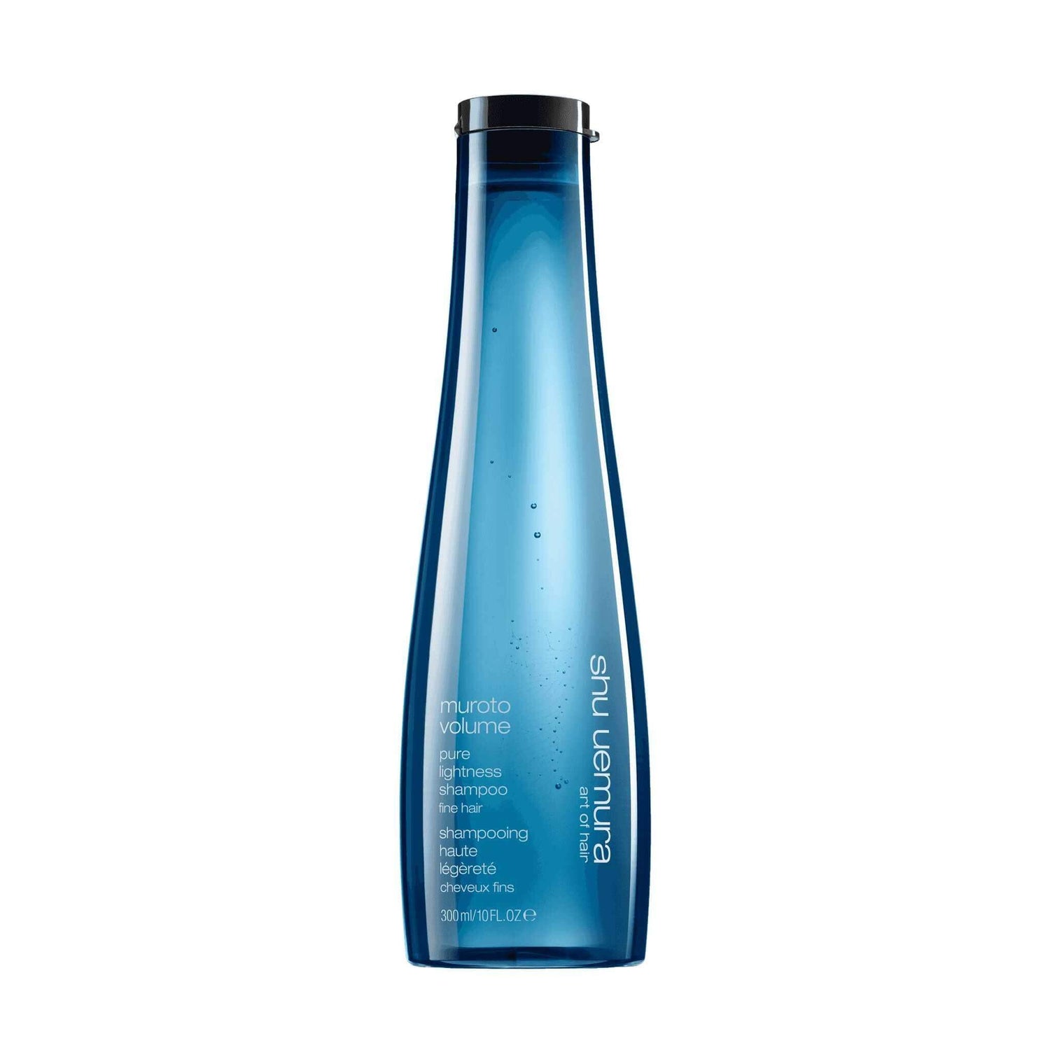 Shu Uemura Muroto Volume Shampoo bottle for fine hair, enhances body and volume, in minimalistic blue packaging.