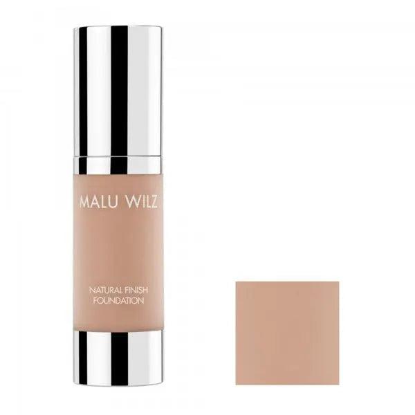 Malu Wilz Natural Finish Foundation 30ml bottle with color swatch, offering a flawless and natural complexion.
