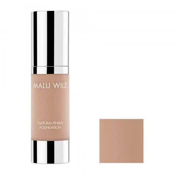 Malu Wilz Natural Finish Foundation bottle with color swatch, offering a flawless and radiant complexion, 30ml.