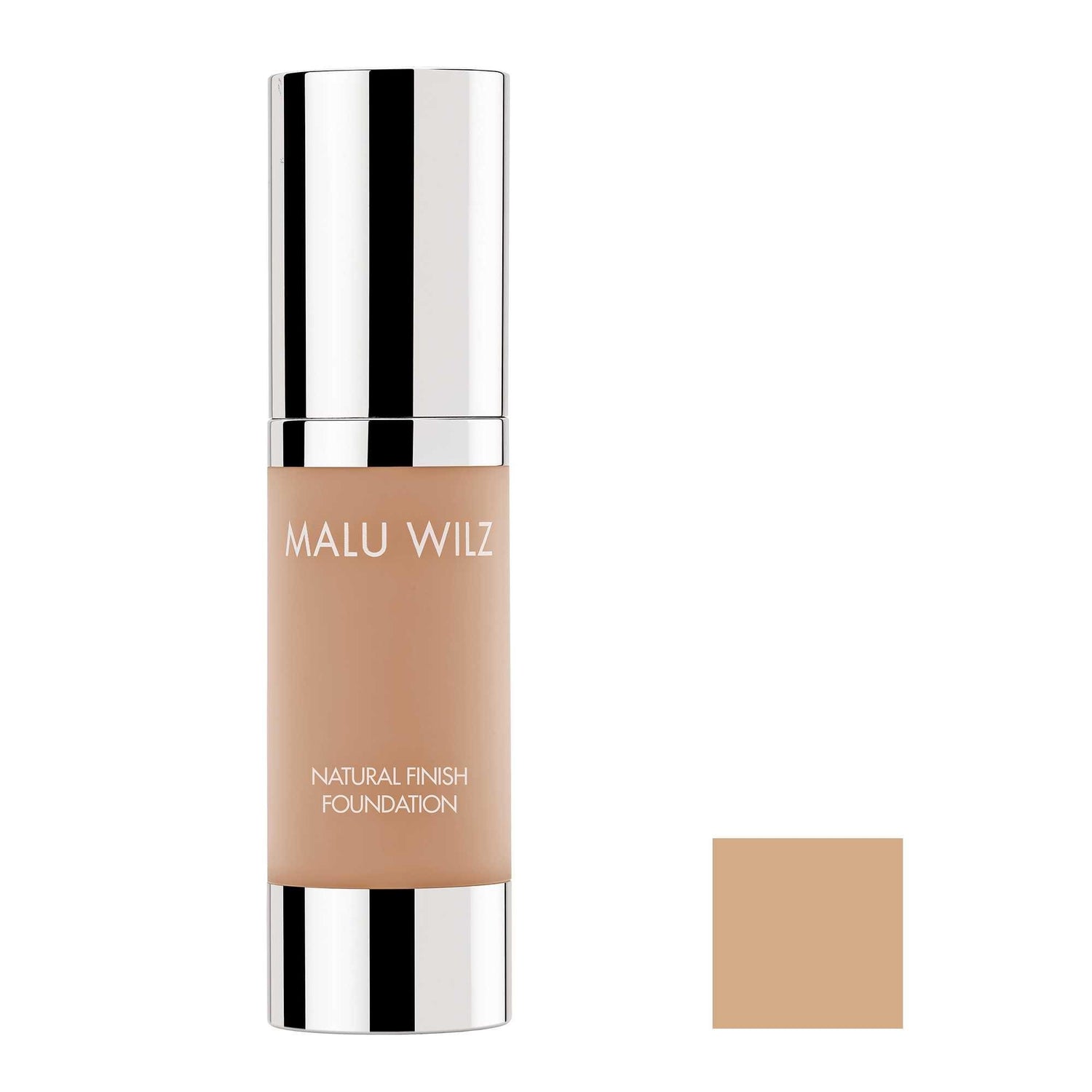 Malu Wilz Natural Finish Foundation bottle, 30ml, delivers flawless, natural complexion with balanced skin tone and radiant finish.