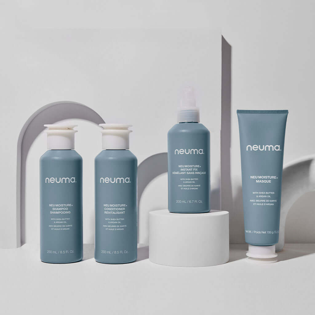 Neu Moisture Conditioner and hair care products, rejuvenating and hydrating for soft, silky hair with lavender, mandarin, and vanilla aroma.