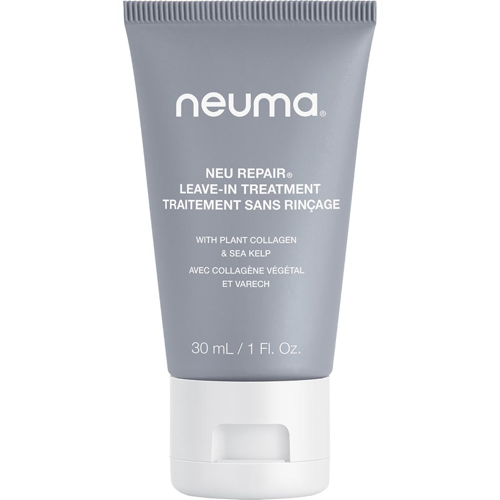 Neu Repair Leave-in Treatment with plant collagen and sea kelp, 30mL tube, nourishes and revitalizes hair with lemon, lavender aroma.