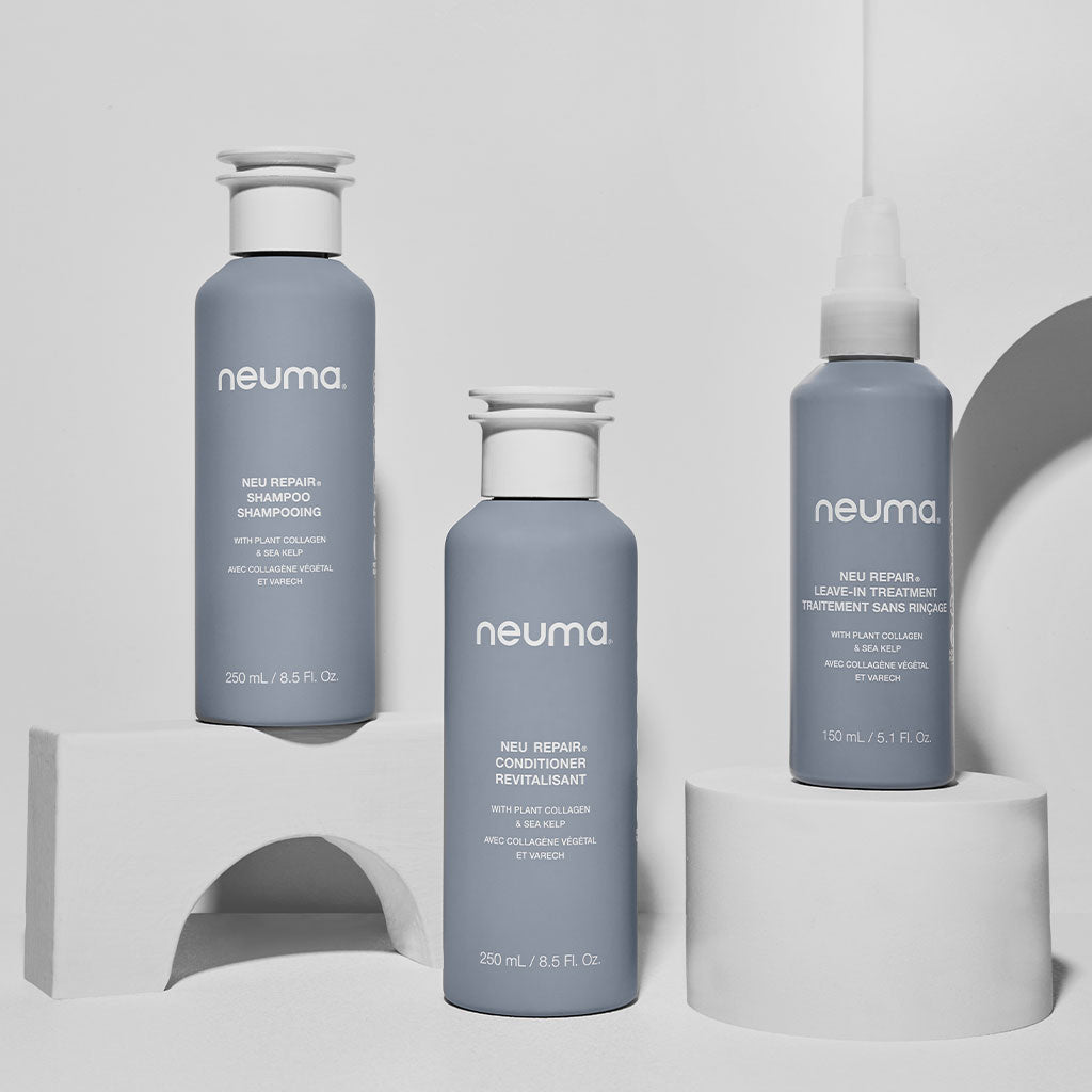 Neu Repair Conditioner set with shampoo and treatment, featuring reparative formula with lemon, lavender, and fir needle aroma.