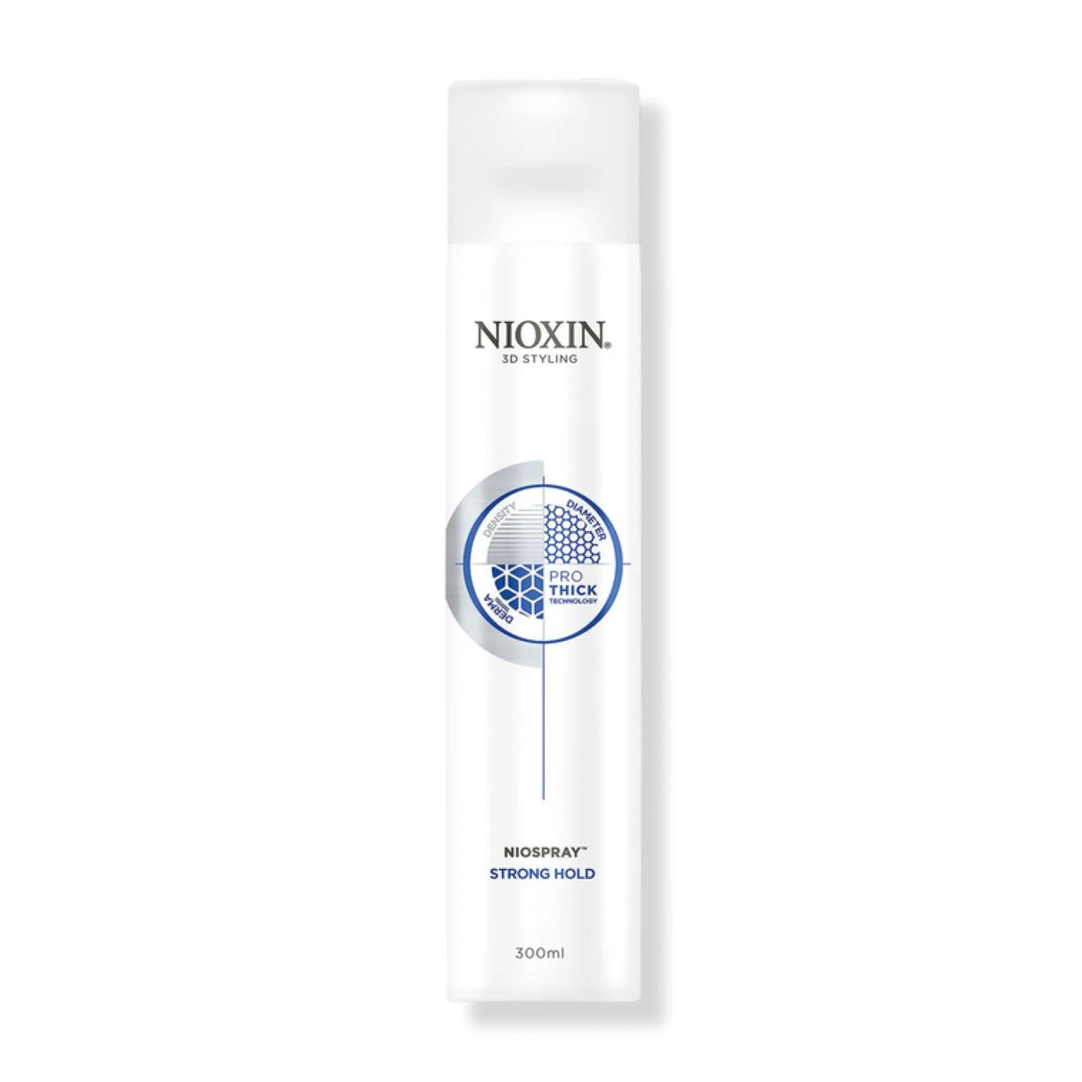 Nioxin Niospray Strong Hold Hairspray with Prothick technology for firm hold and fuller-looking hair, 300ml bottle.