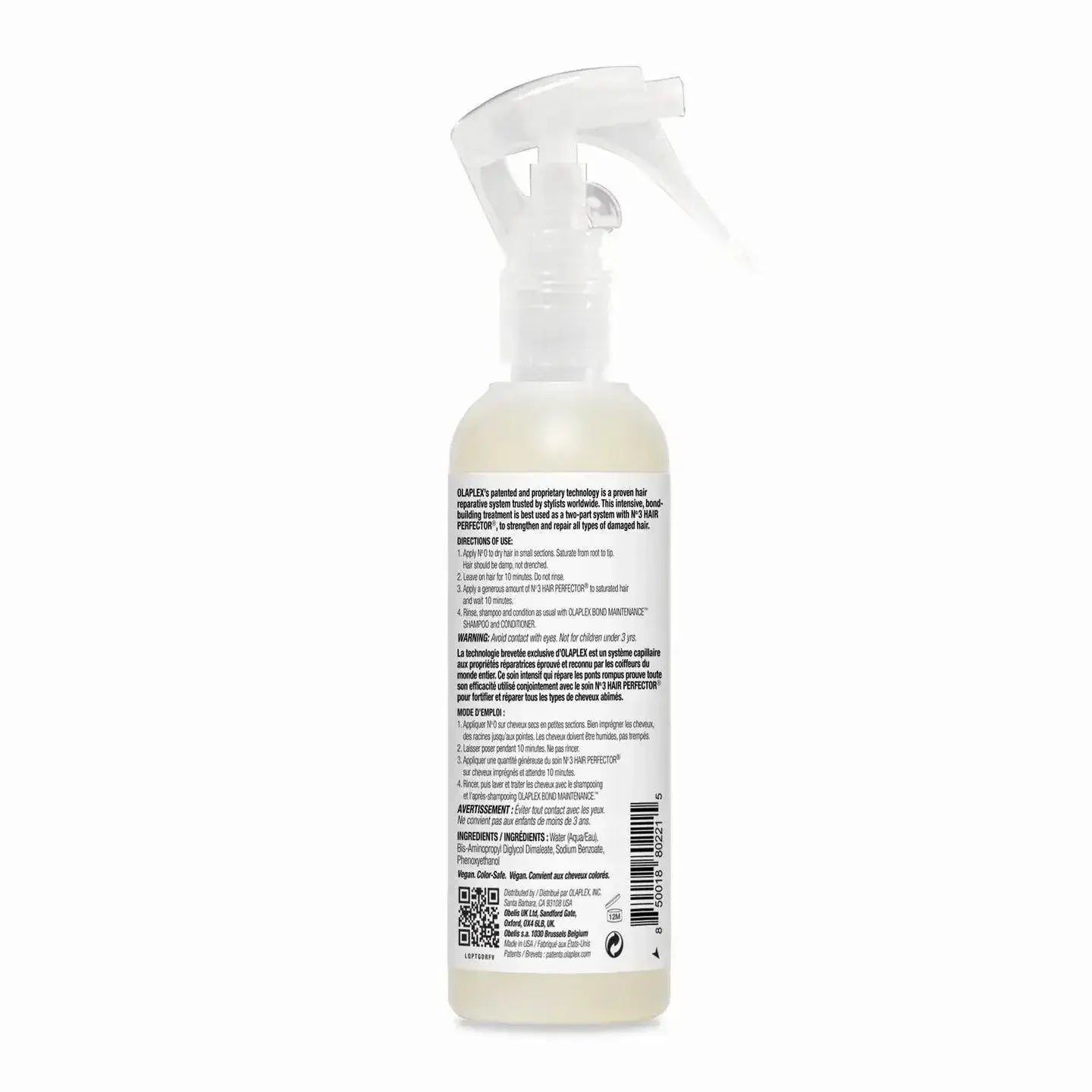 Back view of Olaplex Nº.0 Intensive Bond Building Treatment bottle with instructions and ingredients on label.