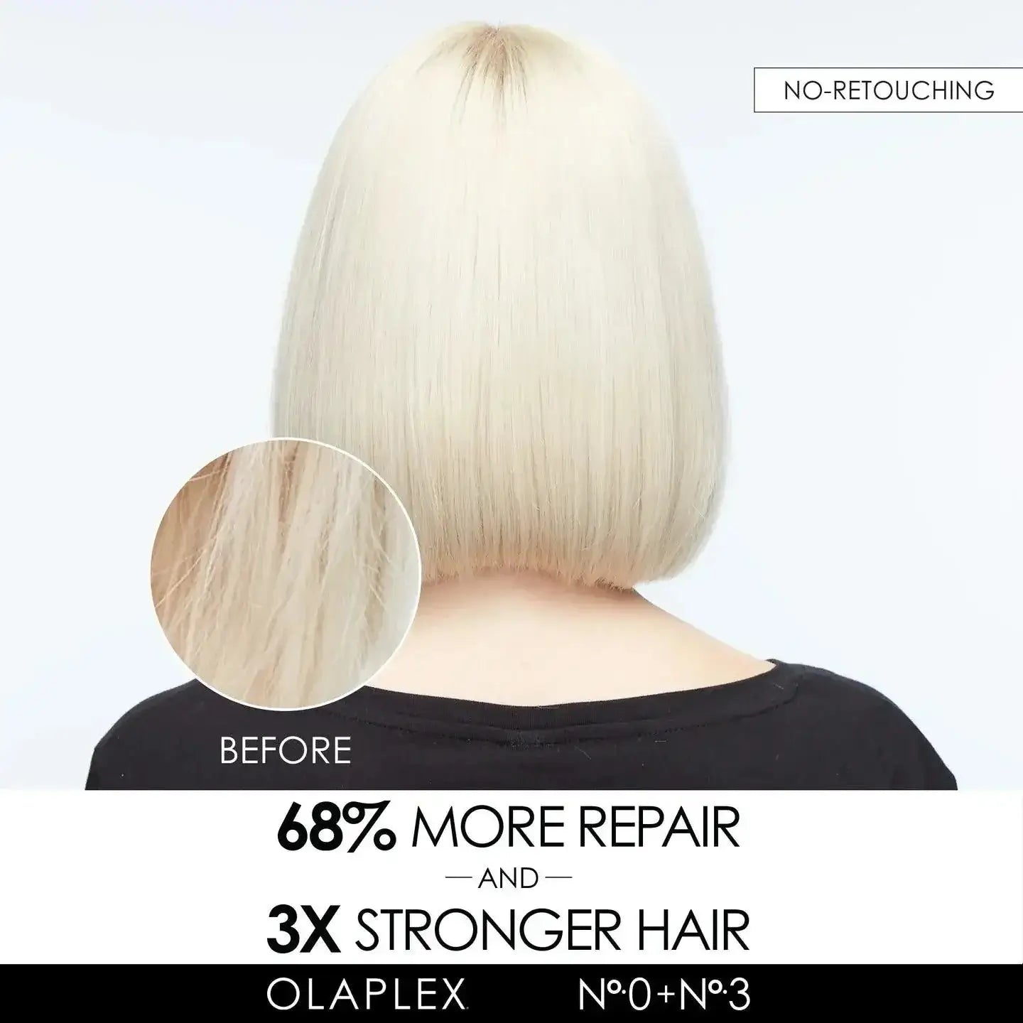 Before and after comparison of hair using Olaplex Nº.0 Bond Building Treatment showing 68% more repair and 3x stronger hair results.