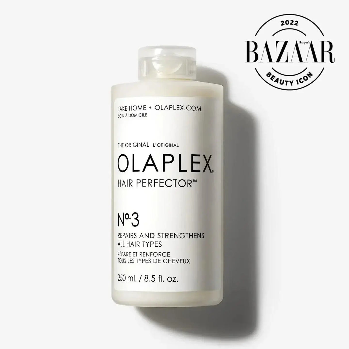 Olaplex No.3 Hair Perfector bottle, strengthens and repairs all hair types, awarded beauty icon 2022, 250 ml size.