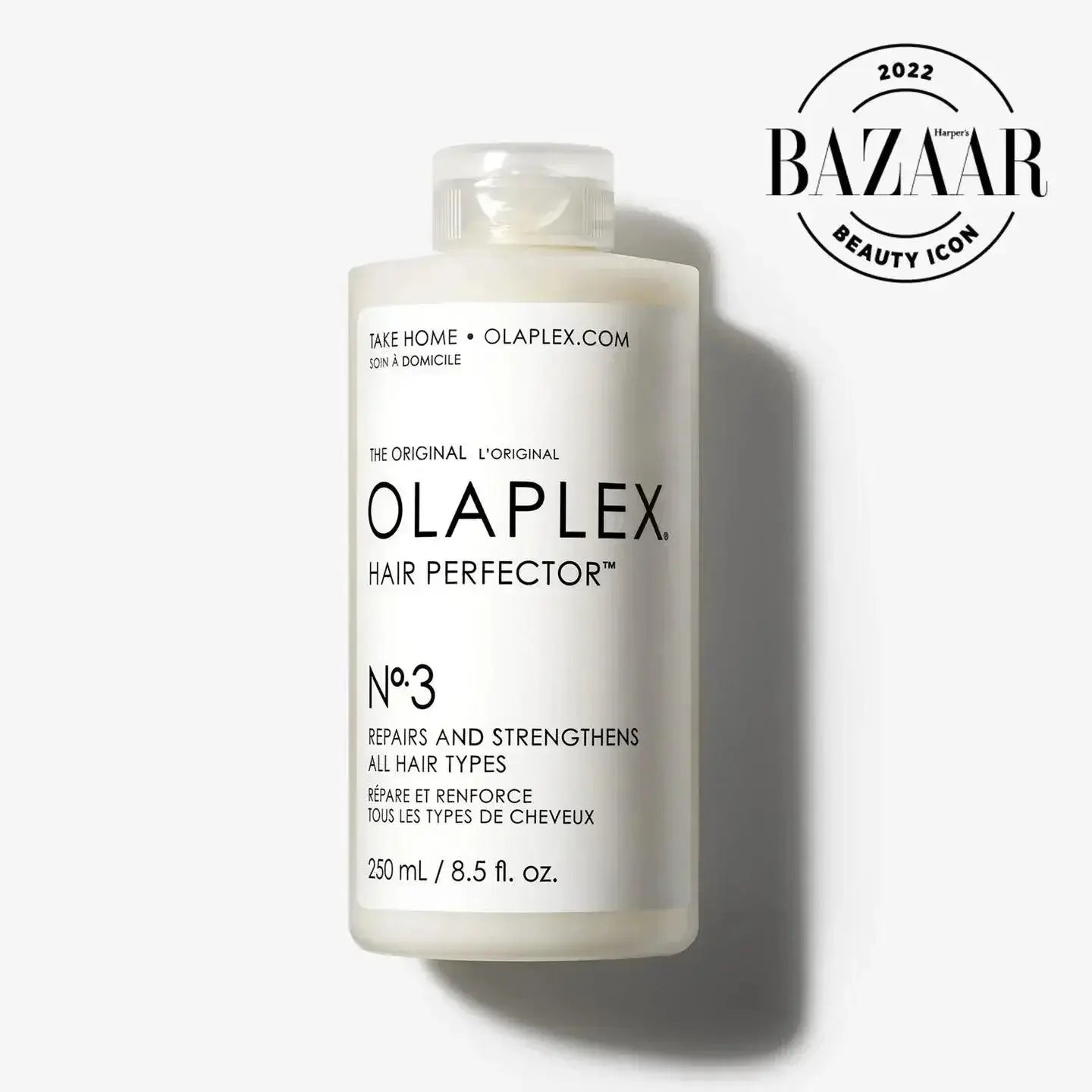 Olaplex No.3 Hair Perfector bottle, strengthens and repairs all hair types, awarded beauty icon 2022, 250 ml size.