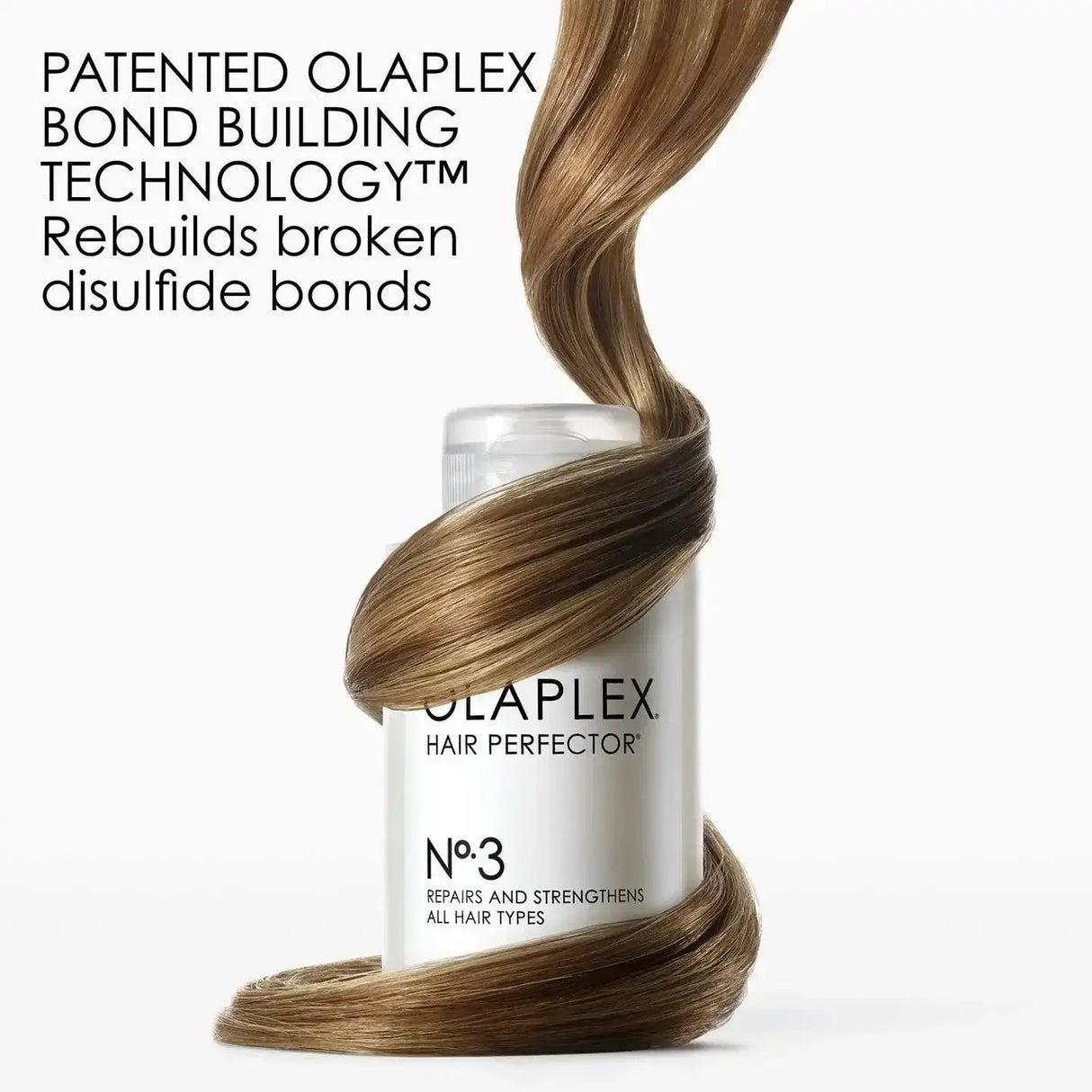 Olaplex No.3 Hair Perfector bottle wrapped with healthy hair, highlights bond-building technology for all hair types.