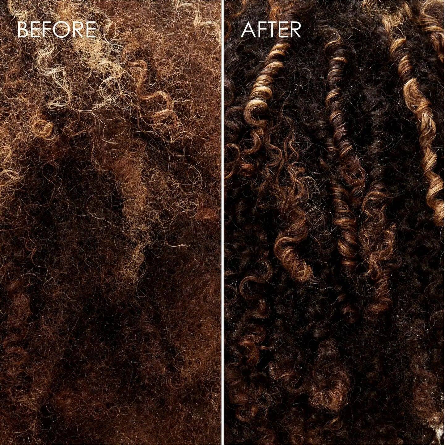 Before and after results of using Olaplex No.3 Hair Perfector, showing improved hair texture and reduced frizz in curly hair.