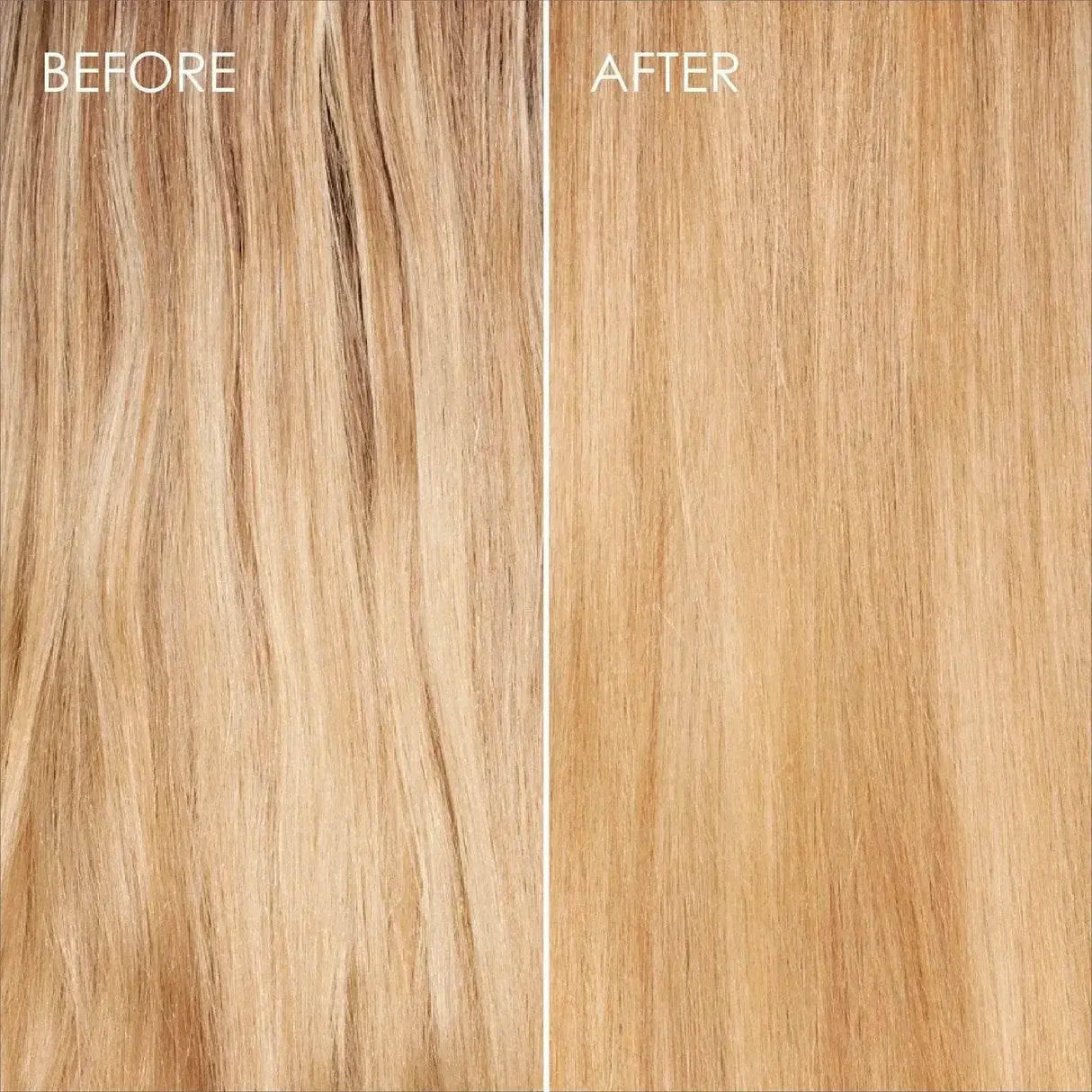 Before and after comparison of hair treated with Olaplex No.3 Hair Perfector, showing improved shine and reduced damage.