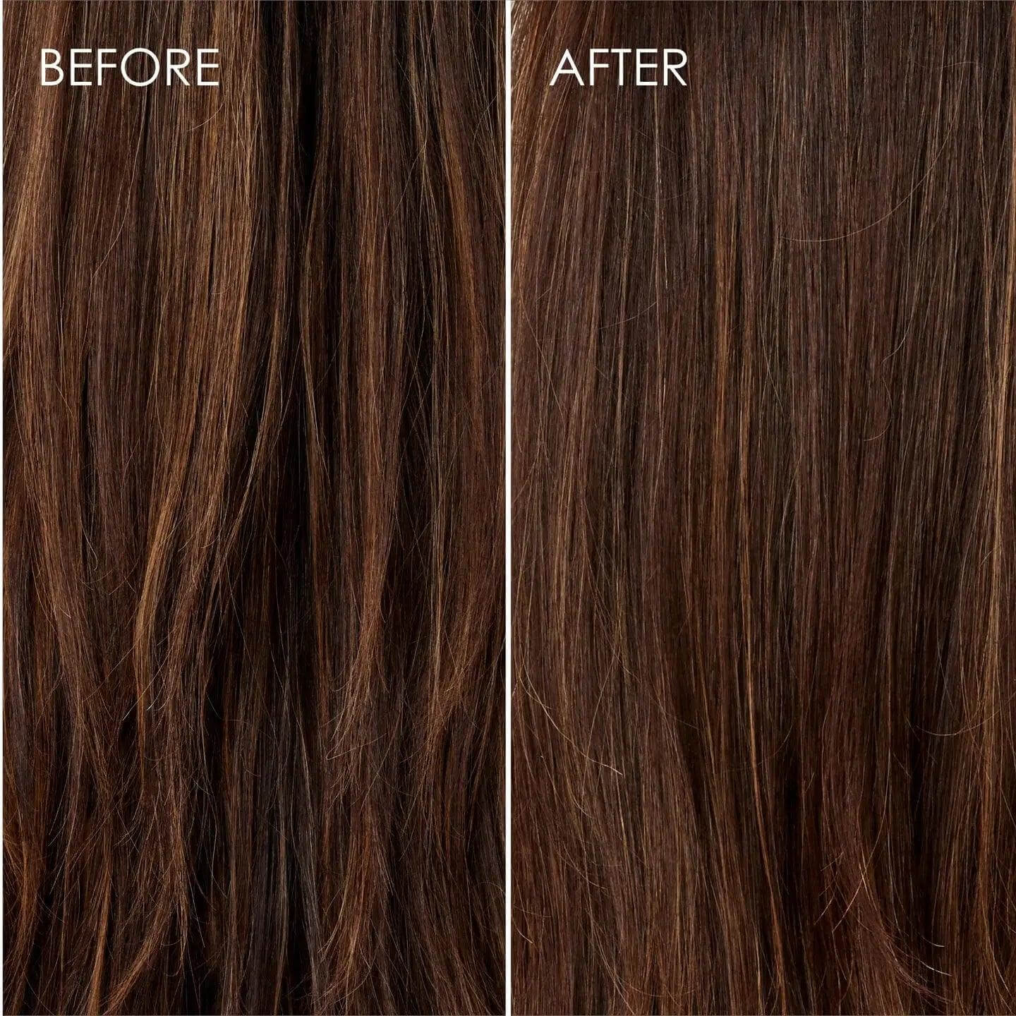Before and after results of using Olaplex Nº.3 Hair Perfector, showing improvement in hair shine and health.