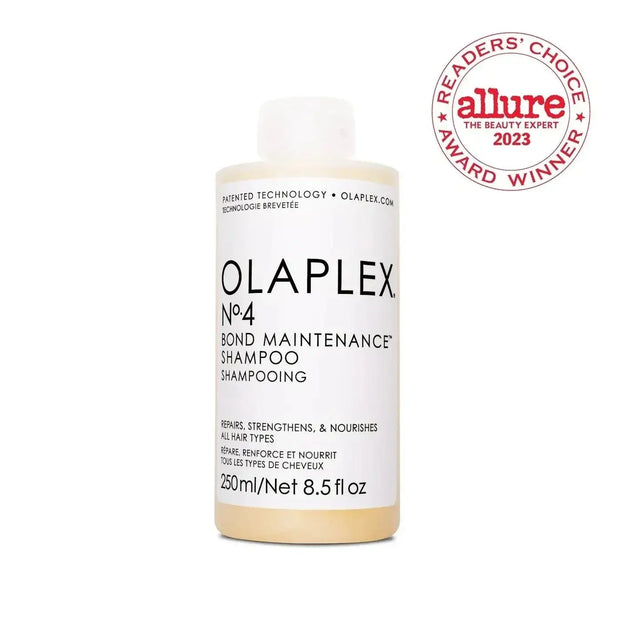 Olaplex Nº.4 Bond Maintenance Shampoo bottle with Allure Readers' Choice Award 2023 badge, ideal for damaged hair care.