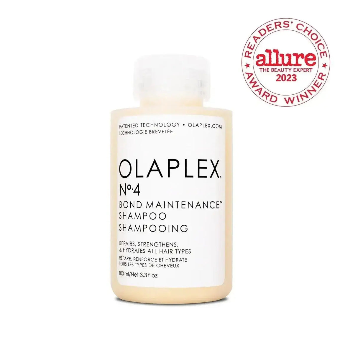 Olaplex Nº.4 Bond Maintenance Shampoo bottle with Allure award logo, ideal for repairing and hydrating damaged or treated hair.